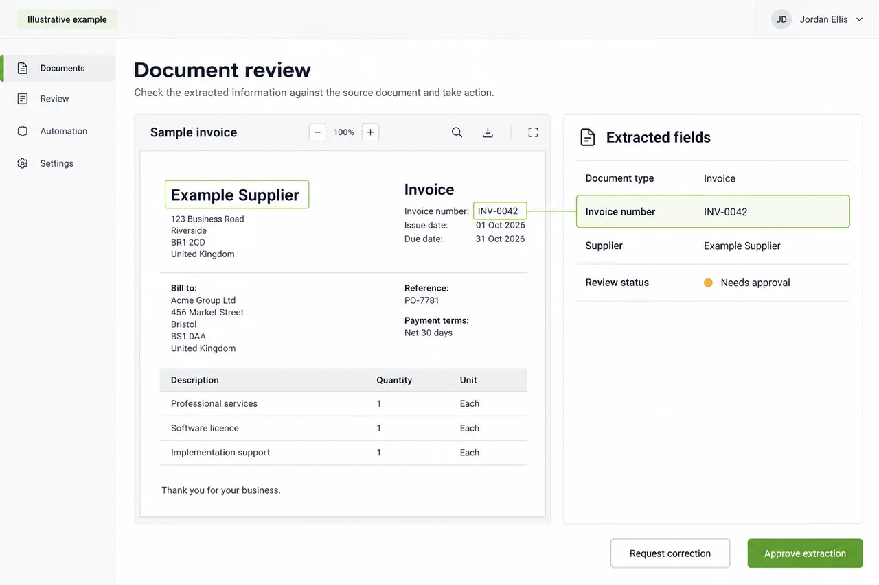 Example document review workspace showing a sample invoice beside extracted fields for approval.